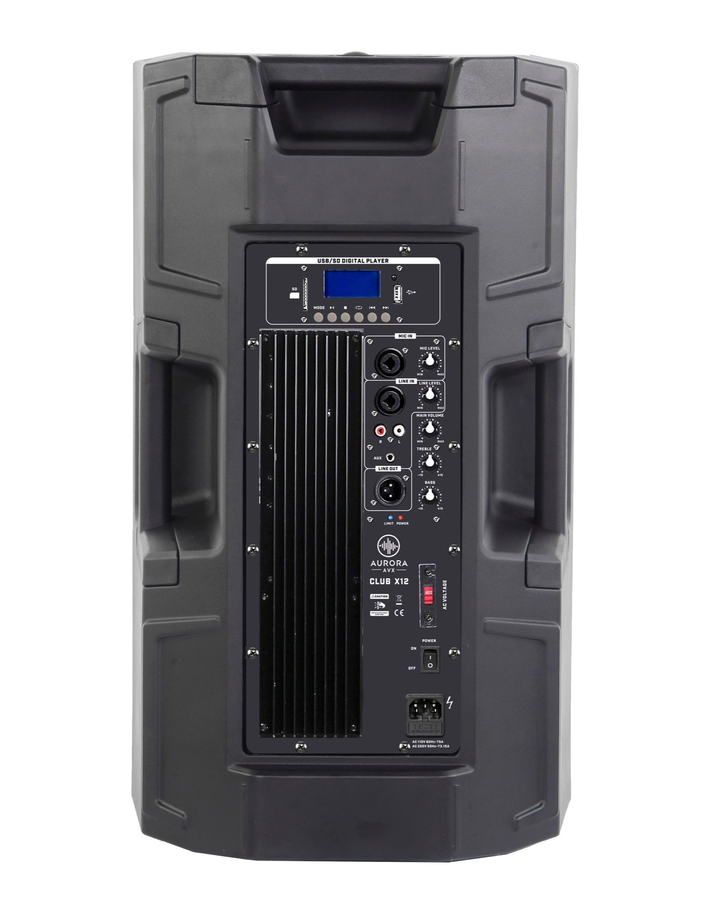 Rear panel and controls of the Aurora Club X12 active loudspeaker.