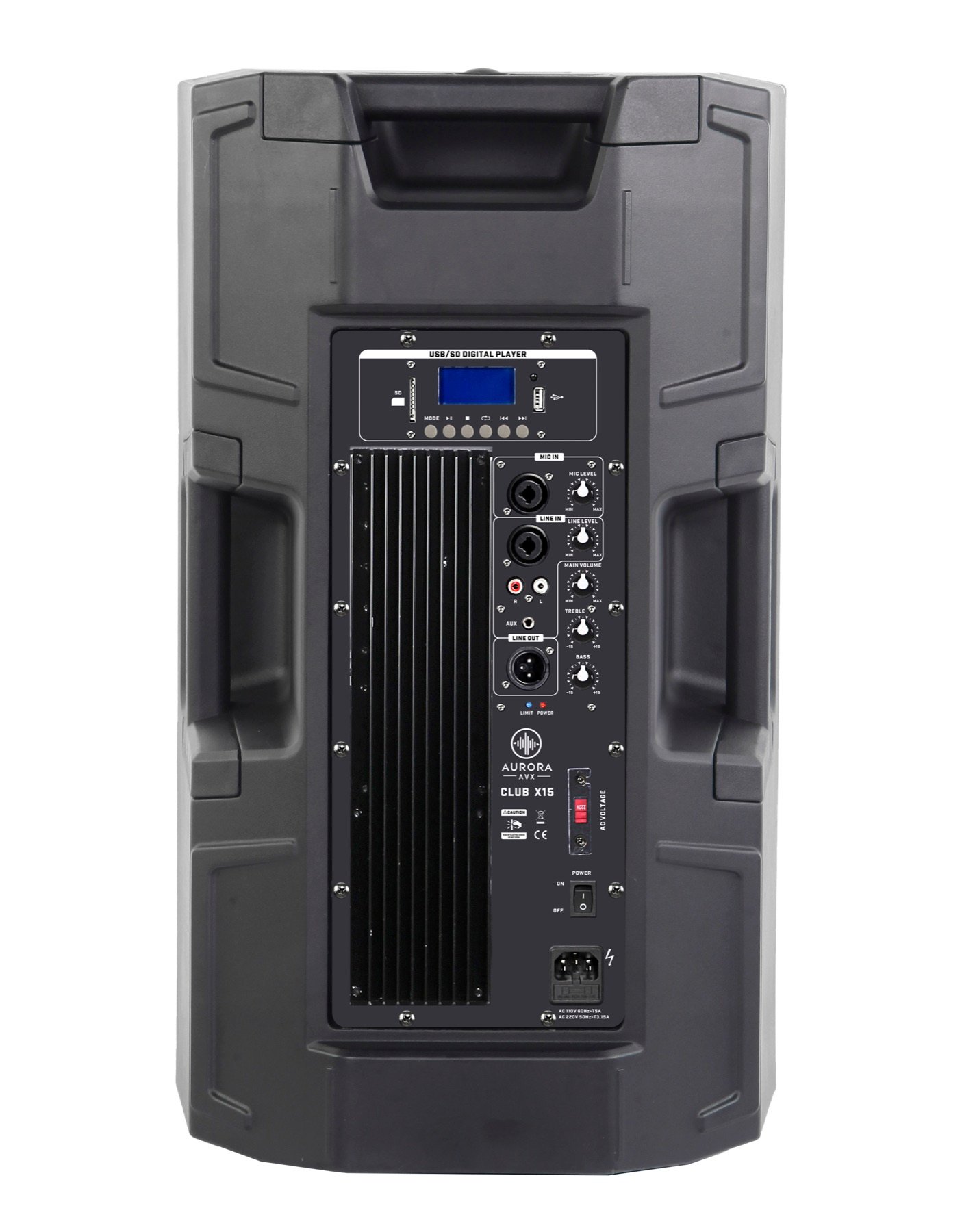 Rear panel and controls of the Aurora Club X15 active loudspeaker.