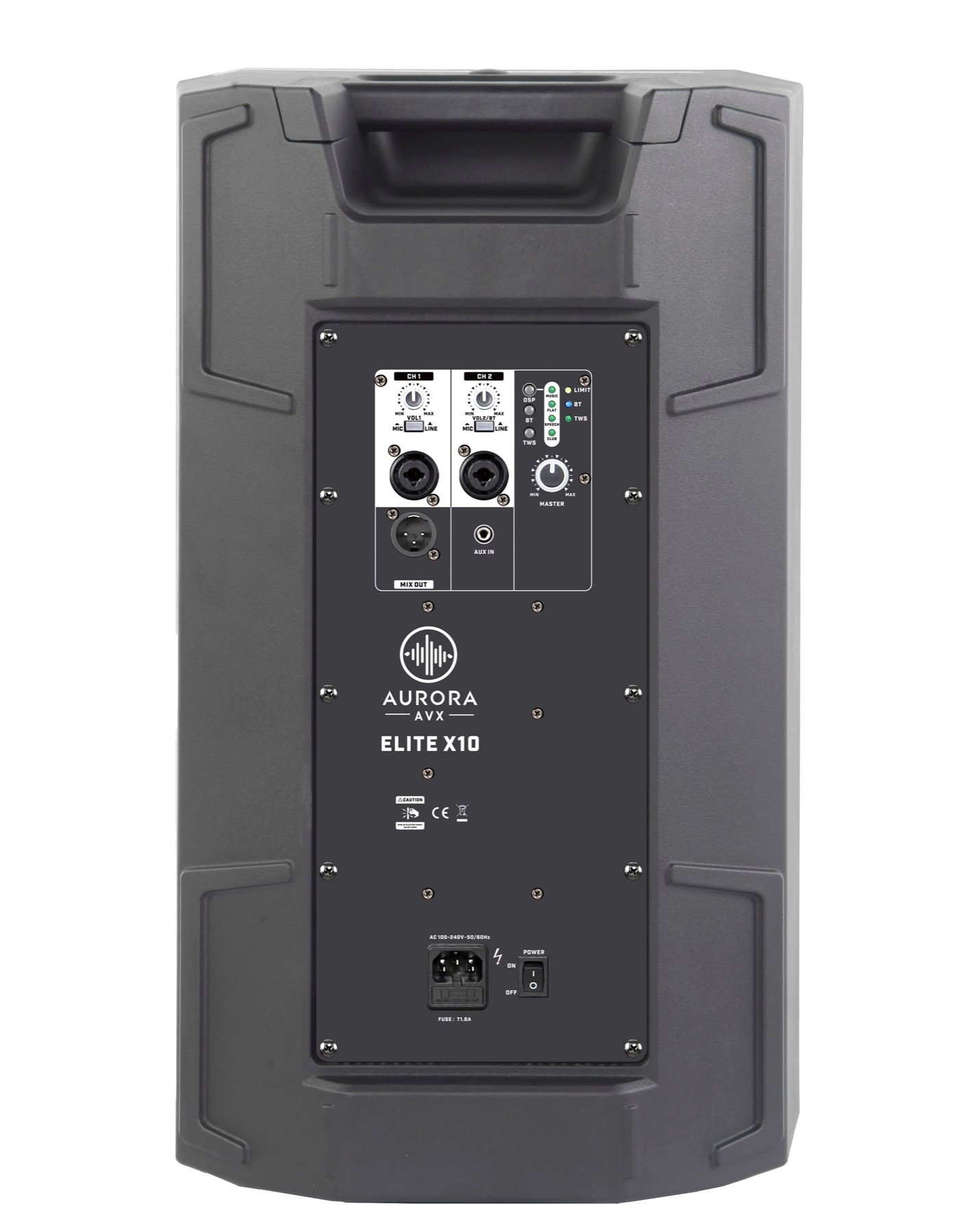 Rear panel of the Aurora Elite X10 active loudspeaker.