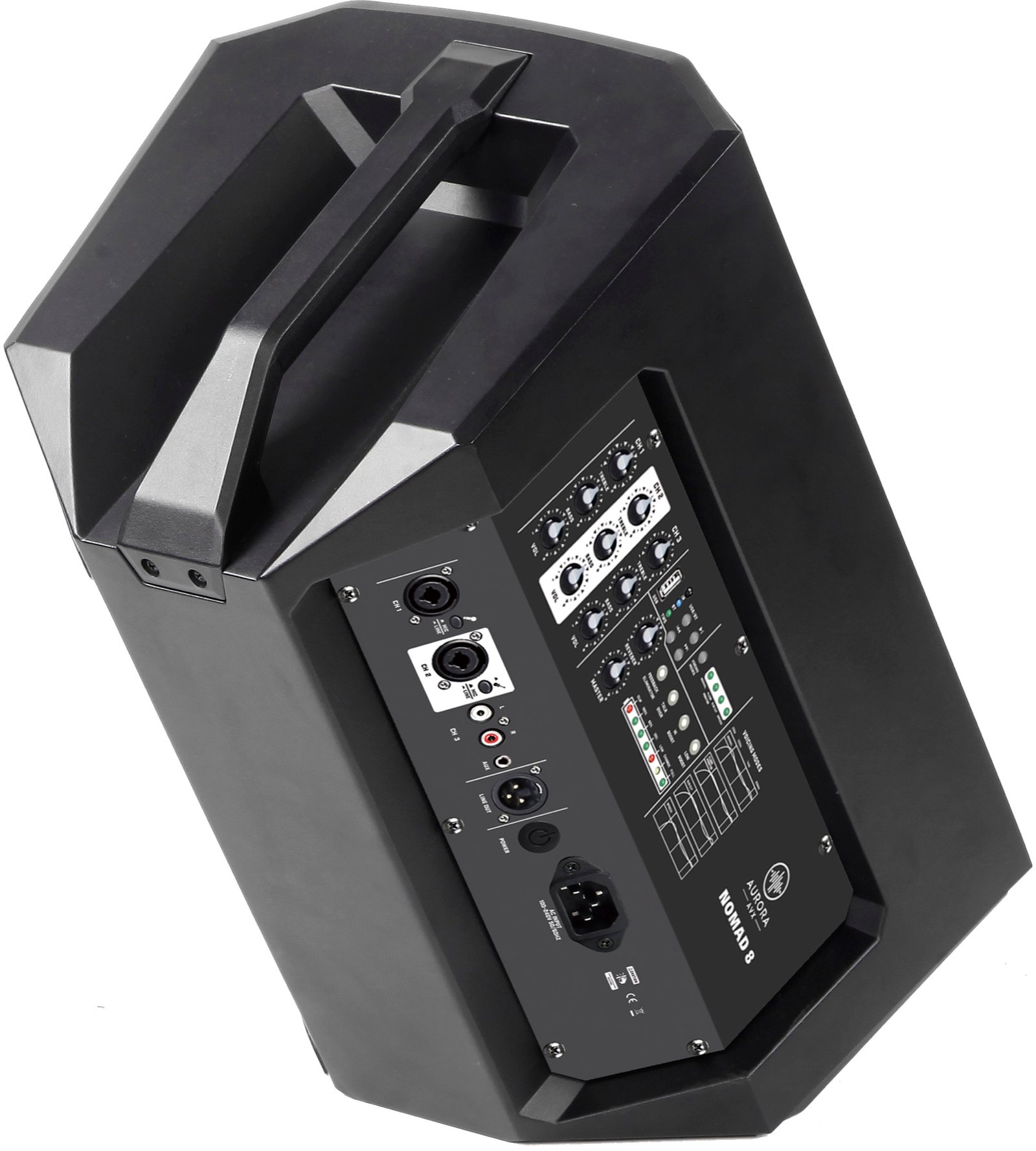 Side view of the Aurora Nomad 8 portable active loudspeaker.