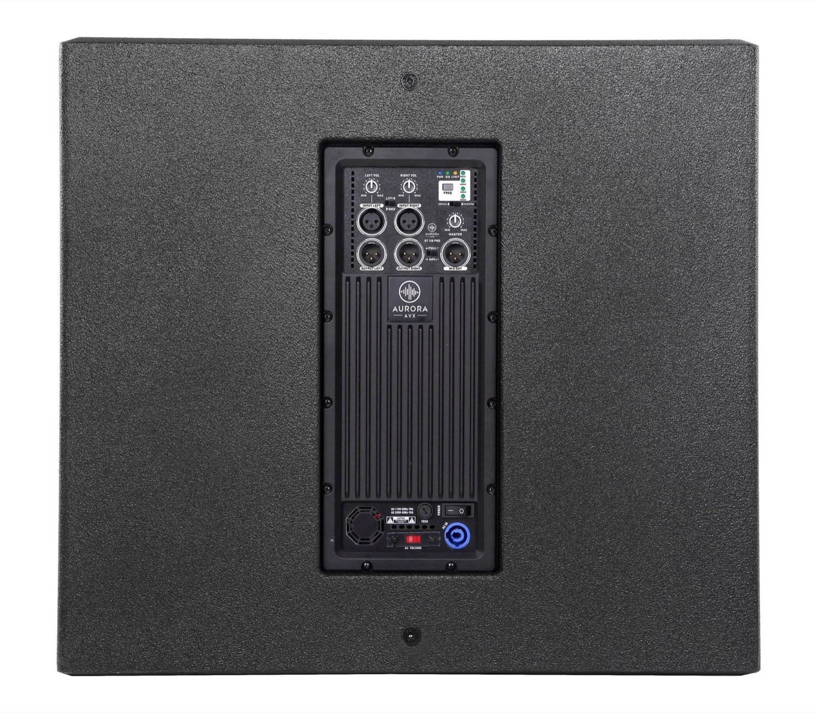 Rear panel of the Aurora ST 118 Pro active subwoofer.