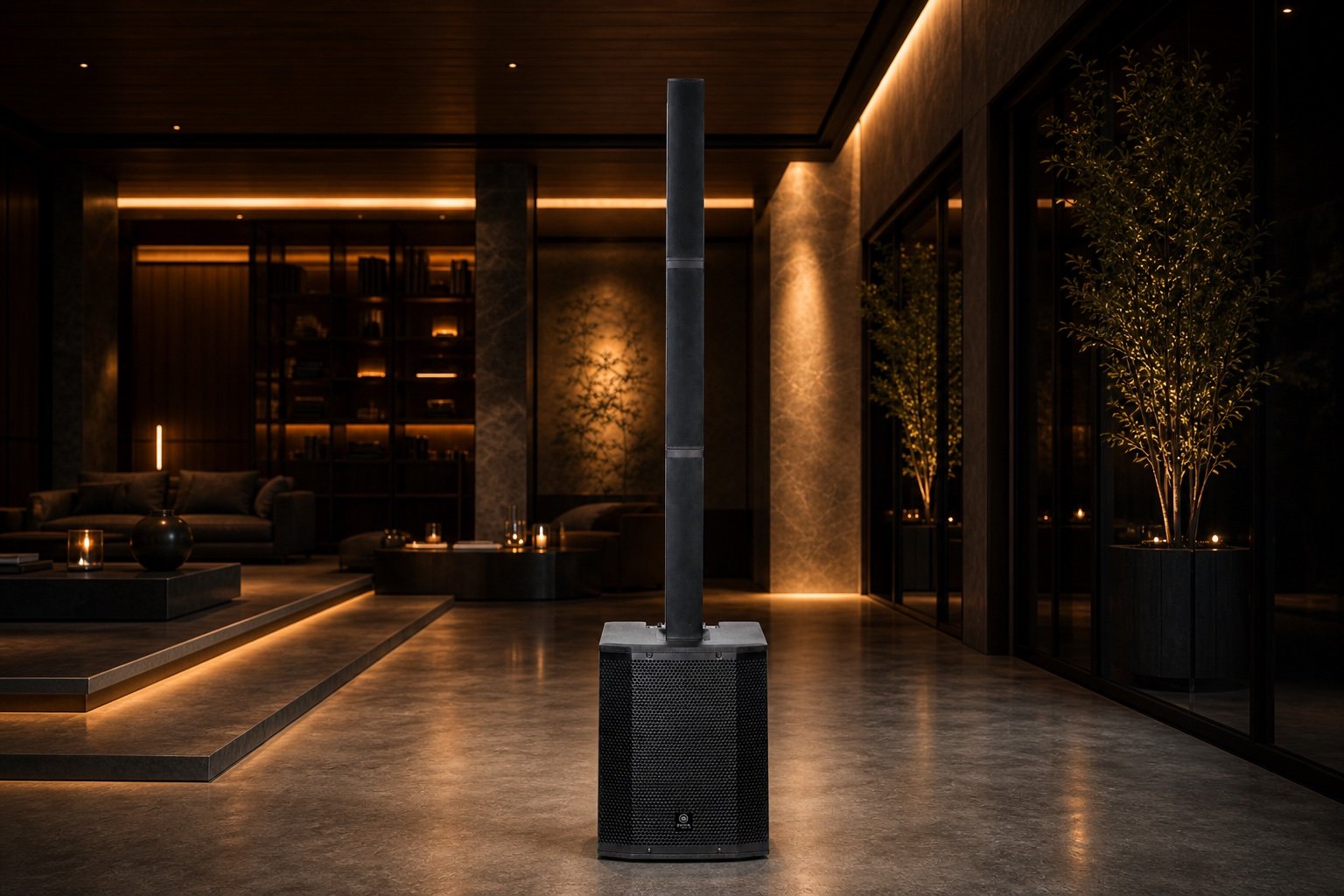 Complete Aurora Stage 1508 vertical array system in a premium interior.