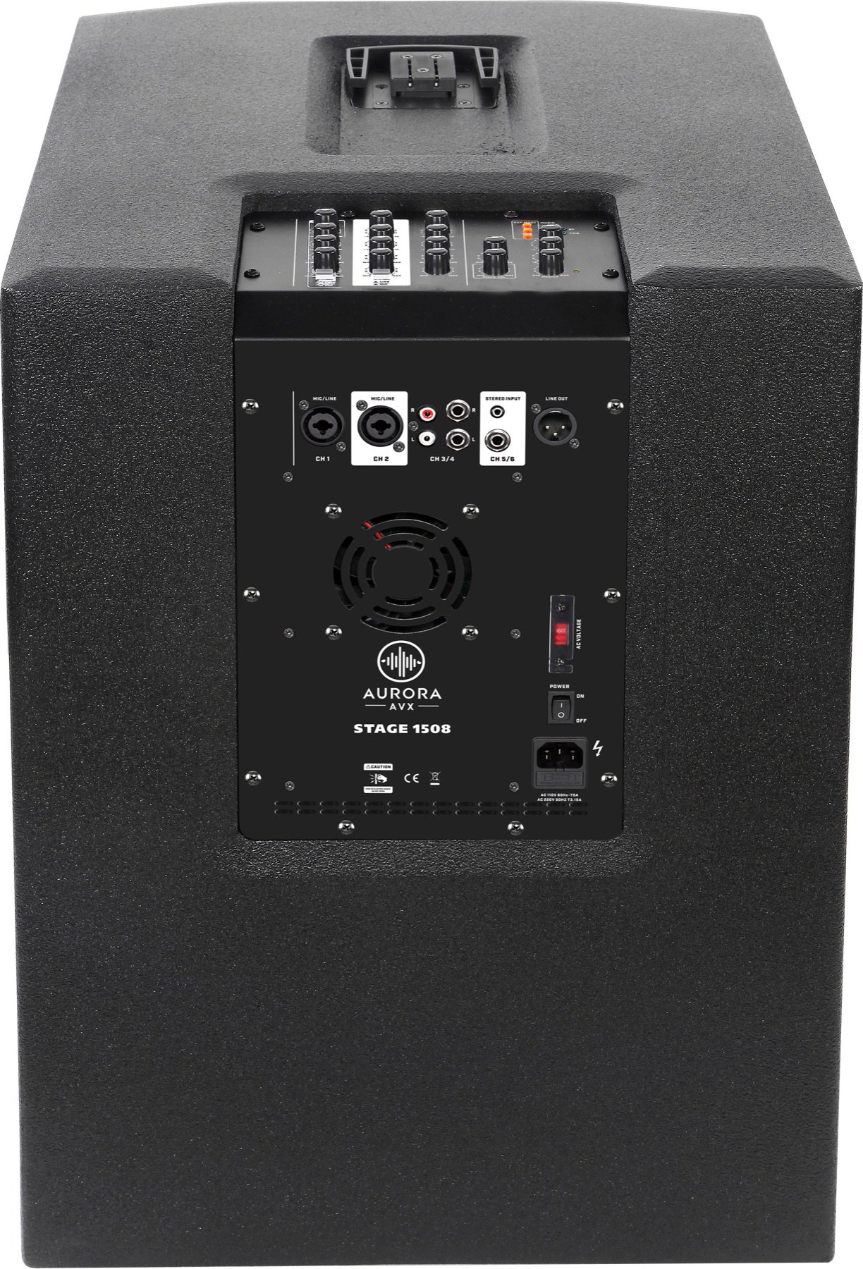 Rear panel of the Aurora Stage 1508 subwoofer.