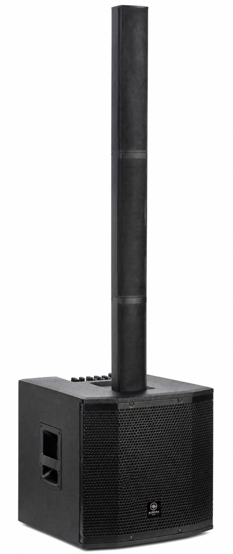 Three-quarter side view of the Aurora Stage 1508 column system and subwoofer.
