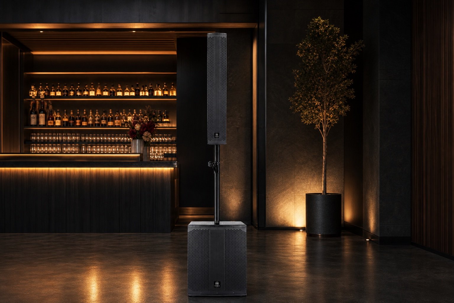 Complete Aurora Stage Pro 156 high-output column system in a premium interior.