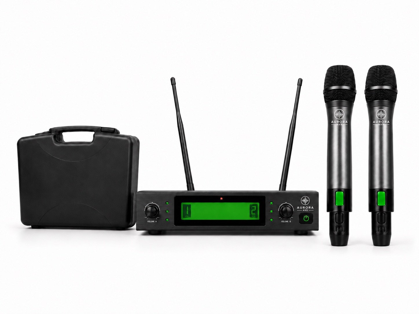 Aurora X10 dual wireless microphone system with receiver and transport case.