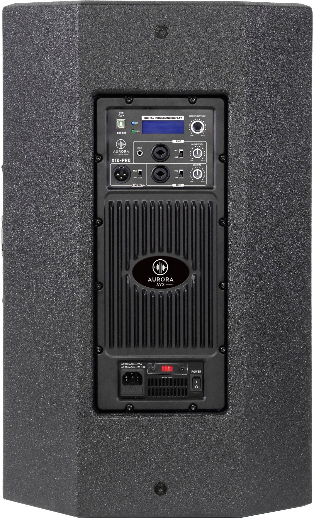 Rear panel of the Aurora X12 Pro active loudspeaker.