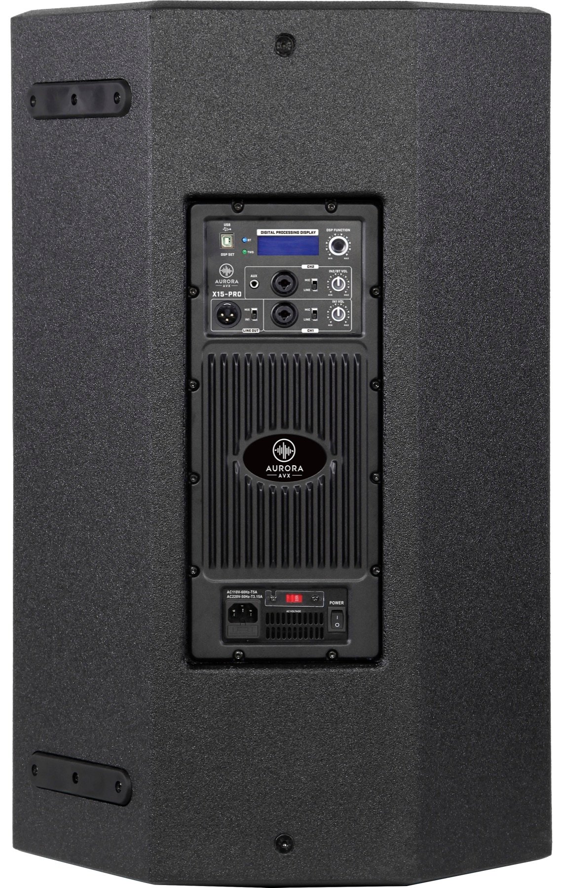 Rear panel of the Aurora X15 Pro active loudspeaker.