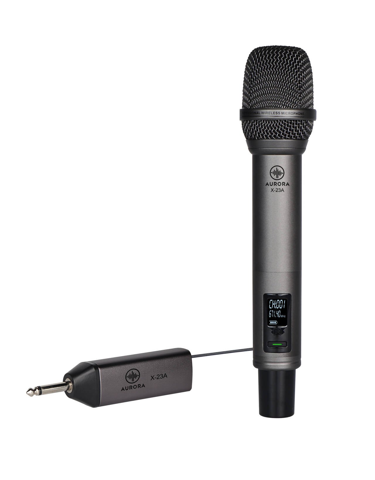 Aurora X-23A wireless microphone with plug receiver.