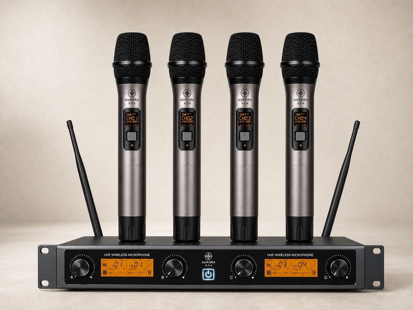 Aurora X-7-4 four-channel wireless microphone system.